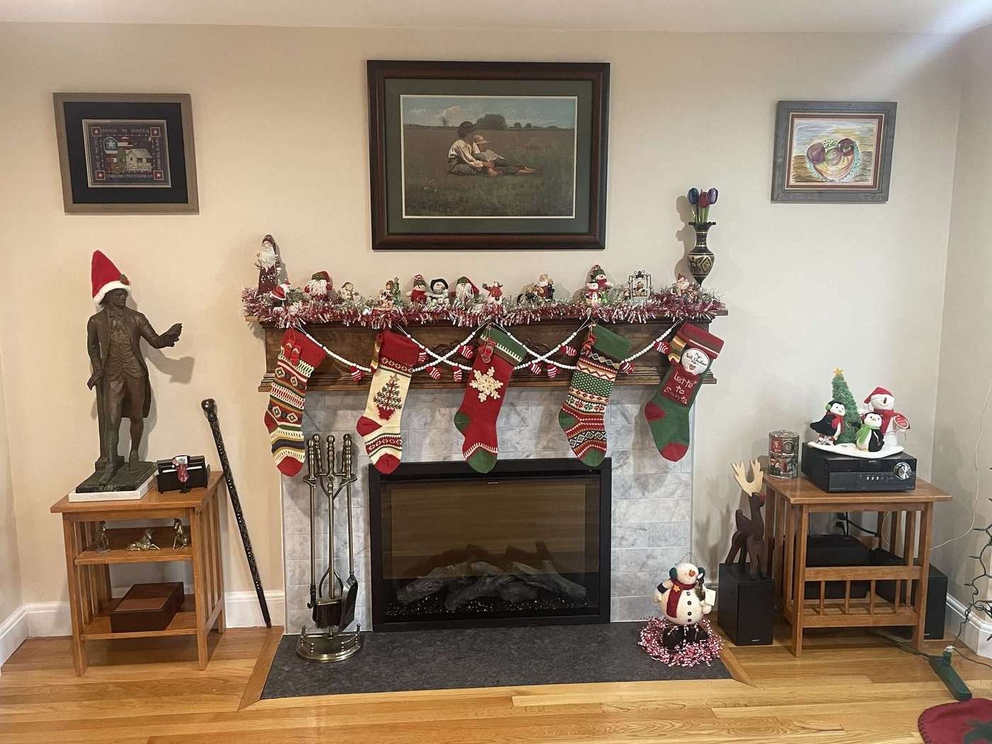 Stone fireplace surround with wood mantle