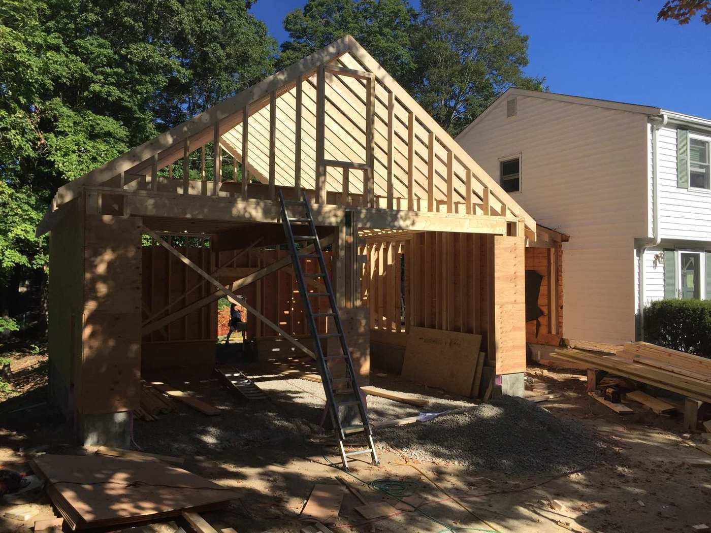 Garage framing from the driveway side