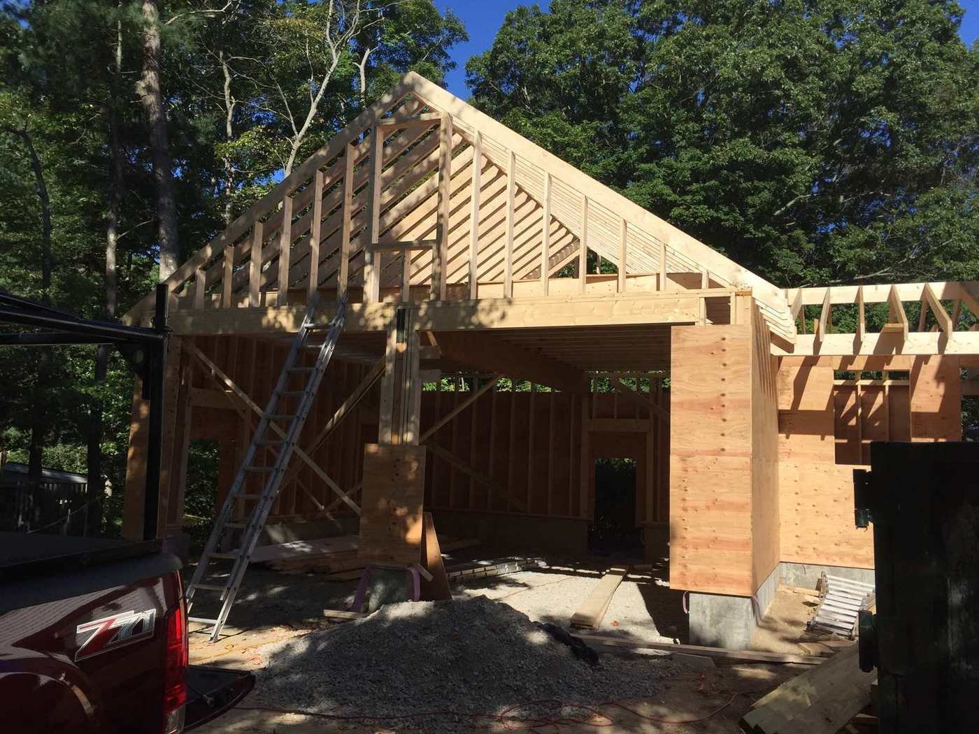 Garage addition framed with roof rafters set