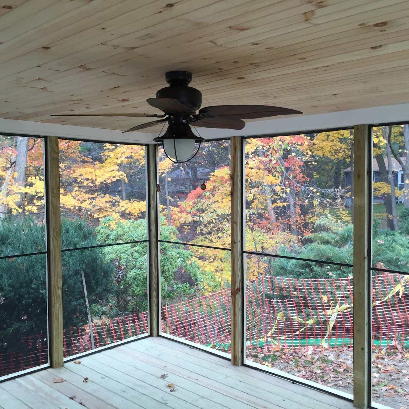 Inside the screened porch looking out at fall foliage